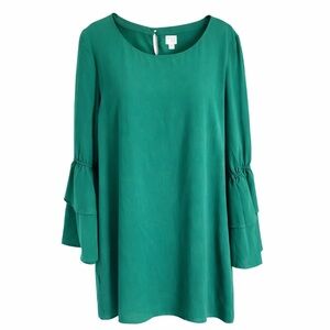 Emerald Green Flowy Dress Bell Sleeves Boho Spring Casual Shift Dress